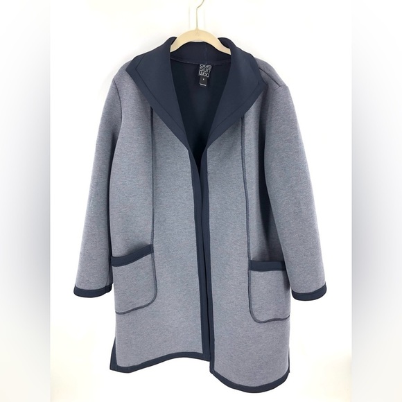 Clara Sun Woo Size Medium Neoprene Open Front Cardigan Coatigan Long Jacket Gray - Picture 7 of 7